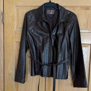 EUC VTG Chocolate Brown Genuine Leather Jacket w Tie Belt at waist Full Zipper L